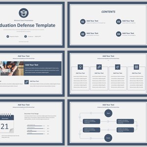 May include: A presentation template for a graduation defense with a blue and white color scheme. The template includes a title slide, a contents slide, and several slides with different layouts. The template is designed to be used with Microsoft PowerPoint.