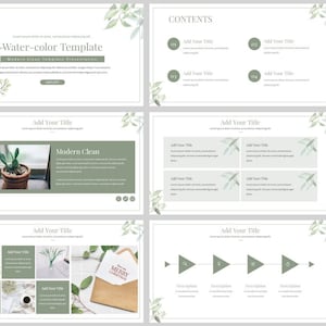Può includere: Una raccolta di diapositive di presentazione con un tema acquerello. Le diapositive presentano uno sfondo bianco con accenti di foglie verdi ad acquerello. Il testo include "Water-color Template", "Modern Clean" e "CONTENTS".