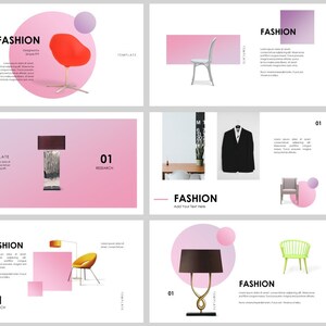 May include: A pink and white presentation template with the word "FASHION" in black text. The template features various images of furniture and home decor items, including a chair, a lamp, a telephone, and a suit.