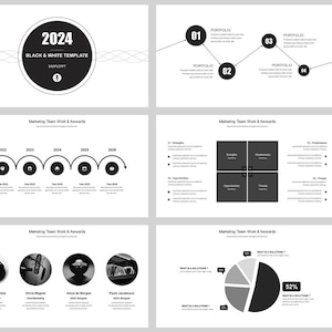 May include: A black and white presentation template with the year 2024 in a circle. The template includes a timeline, a SWOT analysis, a pyramid chart, and a pie chart. The text "About Us Project" appears on two slides.