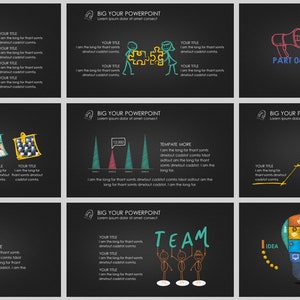 May include: A set of nine PowerPoint slides with a black background and colorful hand-drawn illustrations. The slides feature various charts, graphs, and icons, including a megaphone, a lightbulb, a team of stick figures, and a staircase.