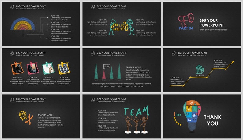 May include: A set of nine PowerPoint slides with a black background and colorful hand-drawn illustrations. The slides feature various charts, graphs, and icons, including a megaphone, a lightbulb, a team of stick figures, and a staircase.