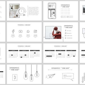 May include: A set of 10 black and white infographic slides with hand-drawn illustrations. The slides feature icons, calendars, and other visual elements. The text on the slides reads "INFOGRAPHICS FROM HAND".