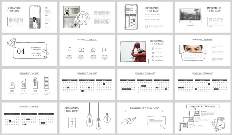 May include: A set of 10 black and white infographic slides with hand-drawn illustrations. The slides feature icons, calendars, and other visual elements. The text on the slides reads "INFOGRAPHICS FROM HAND".