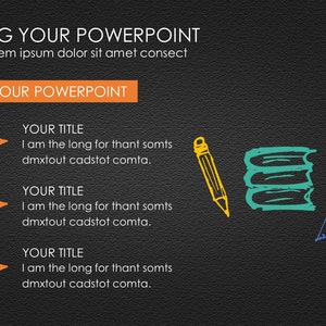 May include: A black and white illustration of a magnet with the text "BIG YOUR POWERPOINT" in orange and white. Below the text is a vertical orange bar with the text "BIG YOUR POWERPOINT" in white. There are three arrows pointing to the right with the text "YOUR TITLE" in black, followed by a sentence in black text.  The text is "I am the long for thant somts dmxtout cadstot comta."