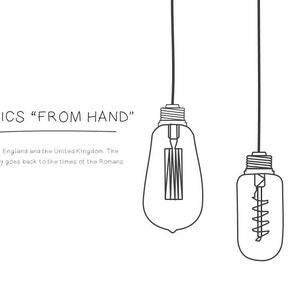 May include: Three black and white line drawings of hanging light bulbs. The light bulbs are different shapes and have different filament designs.
