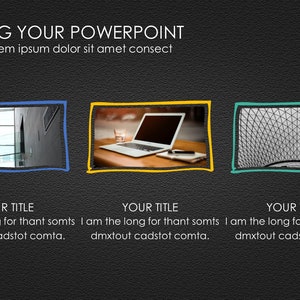 May include: A presentation slide with the title "BIG YOUR POWERPOINT" and the text "Lorem ipsum dolor sit amet consect". The slide features three images: a black and white photo of a building interior, a laptop computer on a wooden table, and a black and white photo of a geometric structure.