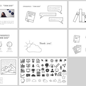 May include: A set of black and white hand-drawn infographics with various icons and illustrations. The infographics include a mountain range, a lightbulb, a book, a cloud, a lamp, a building, and a paper airplane. The text "INFOGRAPHICS "FROM HAND"" appears in several of the slides.