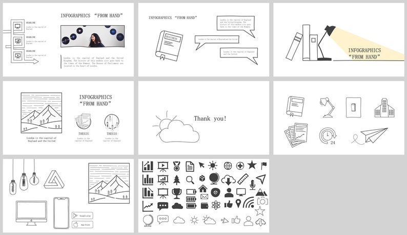 May include: A set of black and white hand-drawn infographics with various icons and illustrations. The infographics include a mountain range, a lightbulb, a book, a cloud, a lamp, a building, and a paper airplane. The text "INFOGRAPHICS "FROM HAND"" appears in several of the slides.