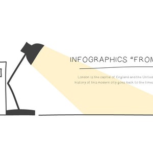 May include: A black and white illustration of a desk lamp shining light on a stack of books. The text "INFOGRAPHICS "FROM HAND"" is above the image. The text below the image reads "London is the capital of England and the United Kingdom. The history of this modern city goes back to the times of the Romans."