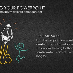 May include: A black and white illustration of a rocket taking off with a yellow cloud of smoke. A stick figure with a green body and a yellow smile is jumping up in the air with their arms raised. The text "BIG YOUR POWERPOINT" is at the top of the image. The text "TEMPATE MORE" is below the illustration. The text "I am the long for thant somts dmxtout cadstot comta tasot ssdtout am the long for thant somts dmxtout cadstot. I am the long for." is below the text "TEMPATE MORE".