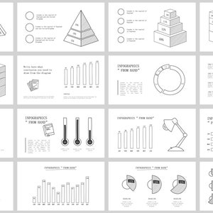 May include: A set of 16 black and white infographic slides with various chart and graph designs. The slides include a pyramid, a thermometer, a lamp, a dollar sign, a staircase, a circle, and a triangle. The slides are designed to be used in presentations or reports.