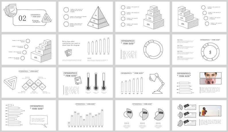 May include: A set of 16 black and white infographic slides with various chart and graph designs. The slides include a pyramid, a thermometer, a lamp, a dollar sign, a staircase, a circle, and a triangle. The slides are designed to be used in presentations or reports.