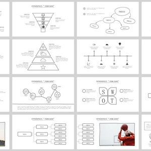May include: A set of 12 black and white infographic templates for business presentations. The templates feature various shapes, including circles, arrows, and lines, to represent different types of data and information.