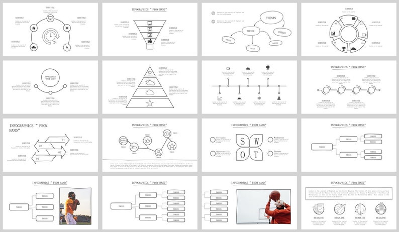 May include: A set of 12 black and white infographic templates for business presentations. The templates feature various shapes, including circles, arrows, and lines, to represent different types of data and information.