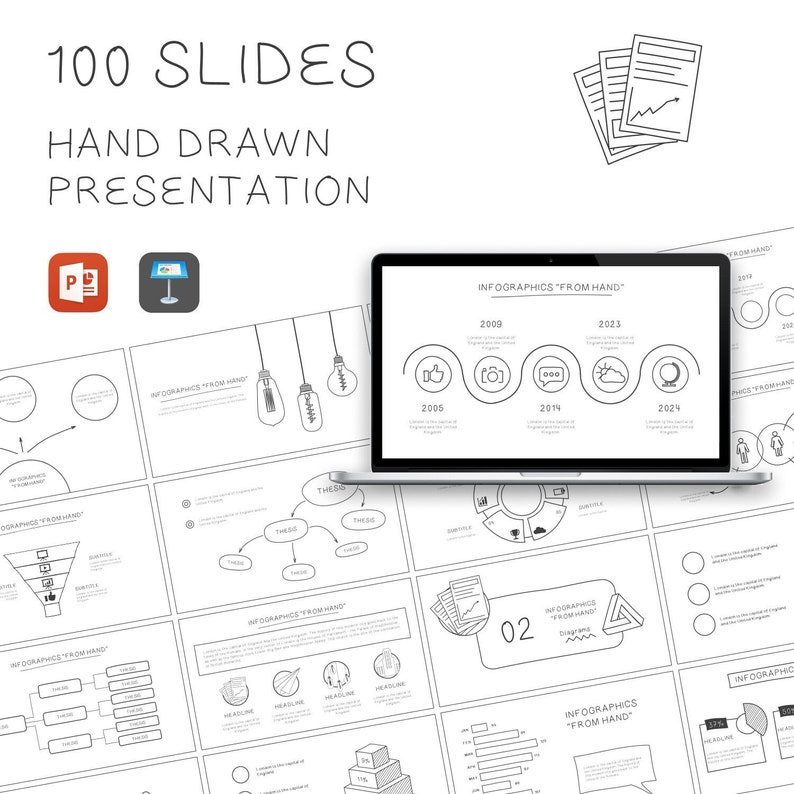 May include: A set of 100 hand-drawn presentation slides in black and white. The slides feature various infographic templates, including timelines, charts, diagrams, and flowcharts. The slides are designed for use in PowerPoint or Google Slides.