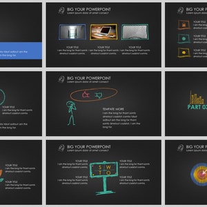 May include: A set of nine black and white presentation slides with colorful hand-drawn illustrations and text. The slides feature a light bulb, a person on a phone, a tree, a target, and a bar graph. The text on the slides includes "Big Your Powerpoint", "Template More", "Part 03", and "SWTO".