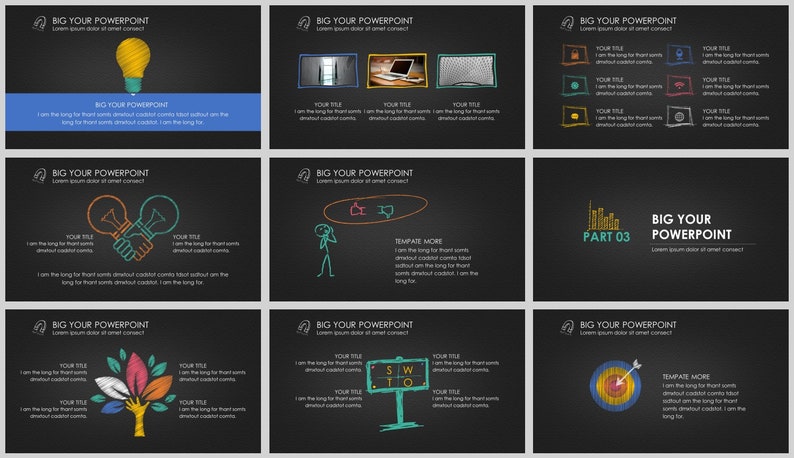 May include: A set of nine black and white presentation slides with colorful hand-drawn illustrations and text. The slides feature a light bulb, a person on a phone, a tree, a target, and a bar graph. The text on the slides includes "Big Your Powerpoint", "Template More", "Part 03", and "SWTO".