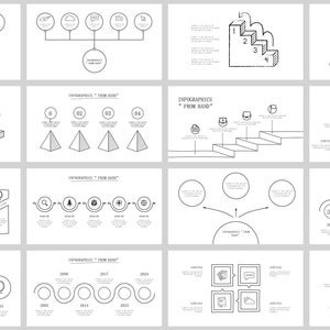 May include: A set of 16 black and white infographic templates with various shapes and icons. The templates are designed for presentations, reports, and other visual communication needs.