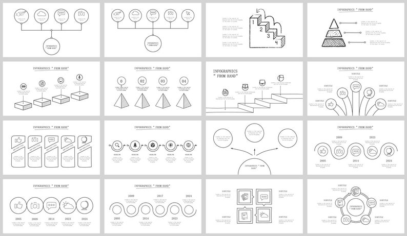 May include: A set of 16 black and white infographic templates with various shapes and icons. The templates are designed for presentations, reports, and other visual communication needs.