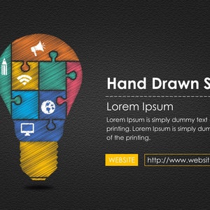 May include: A hand-drawn illustration of a light bulb made up of puzzle pieces, each piece containing a different icon. The icons include a pencil, a wifi symbol, a globe, a computer monitor, and a megaphone. The text "IDEA" is written to the left of the light bulb. The text "Hand Drawn Style" is written above the light bulb. The text "Lorem Ipsum" is written below the light bulb. The text "Lorem Ipsum is simply dummy text of the printing. Lorem Ipsum is simply dummy text of the printing." is written below "Lorem Ipsum". The text "WEBSITE" is written above the text "http://www.website.com/" which is written below "WEBSITE".