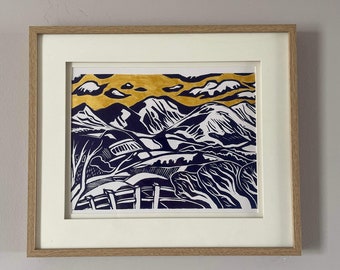 The Galtees, Golden Sky - Linocut Print, Lino Print, Print, Art, Irish Art
