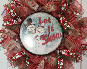Christmas Front Door Decor, Seasonal Porch Decoration; Snowman Wreath, Let It Snow, Holiday Wall Hanger, WreathsNMorebyKathy