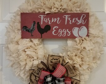 Farmhouse Rag Wreath, Rustic Country Chicken Door Decor, Vintage Porch Decoration, Primitive Door Hanger,