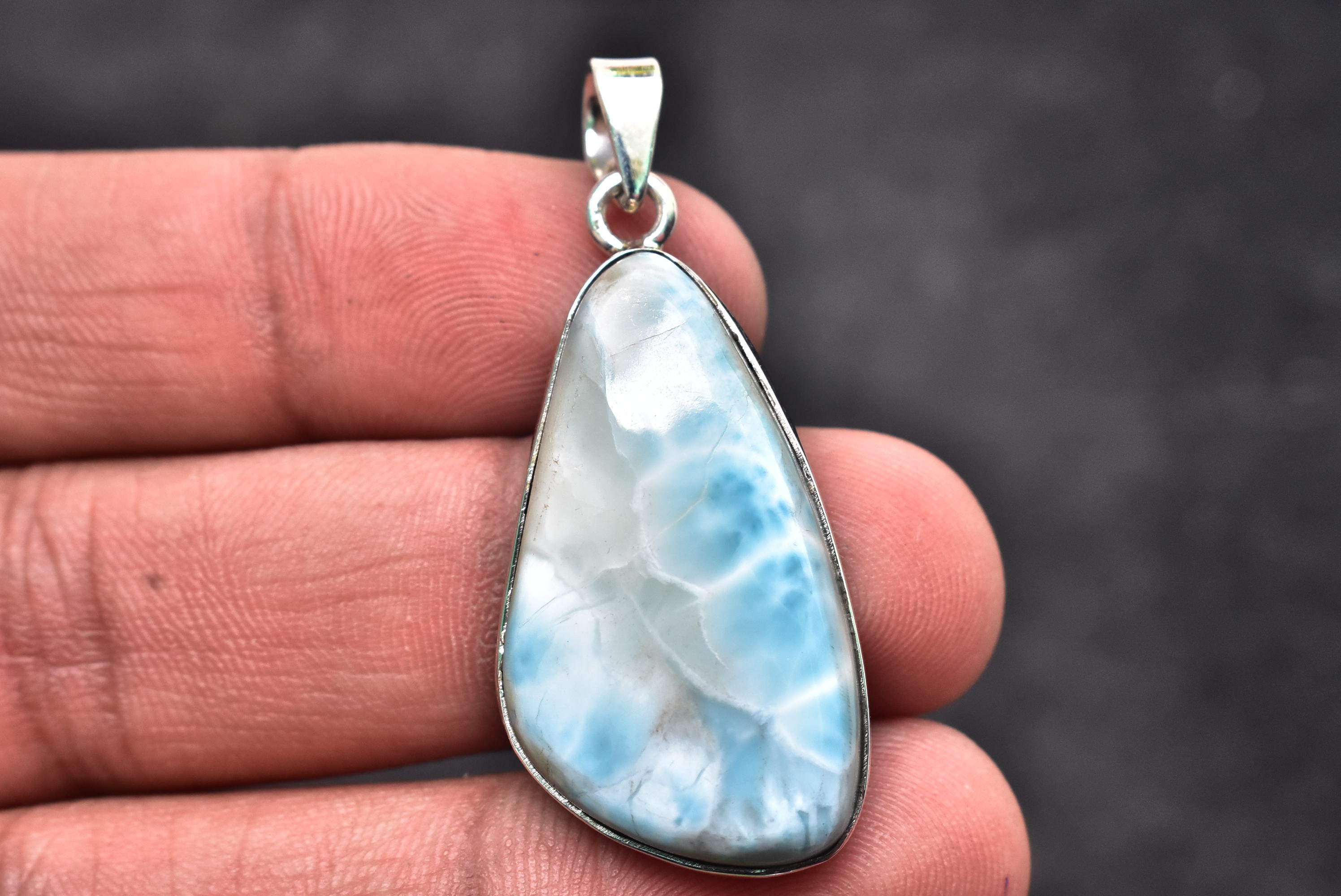 Larimar Cabochon Pendant / Stamped 925 Sterling Silver Pendant