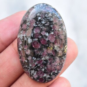 Könnte beinhalten: Ein ovaler Edelstein mit polierter Oberfläche. Der Stein weist ein gesprenkeltes Muster aus tiefroten und rosa Einschlüssen auf, die in eine schwarze und graue Matrix eingebettet sind. Der Edelstein wird in einer Hand gehalten.