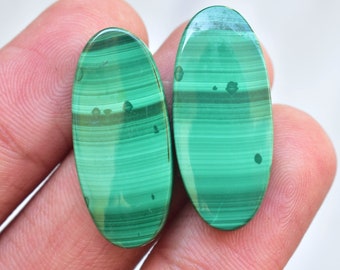 Puede incluir: Dos piedras ovaladas pulidas de malaquita. Las piedras muestran un color verde vibrante con patrones de bandas verdes y marrones más oscuros. La superficie pulida refleja la luz, resaltando los patrones naturales.