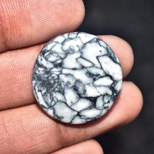May include: A round, polished stone with a striking black and white pattern. The stone's surface is a mosaic of irregular shapes, creating a unique and textured appearance. The color palette is primarily black and white.