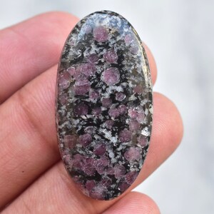 以下が含まれることがあります： 楕円形の宝石で、まだら模様です。石は濃い灰色のベースに、小さな丸い濃いピンク色のインクルージョンが多数あります。研磨された表面は光を反射し、天然石の対照的な色と質感を際立たせています。