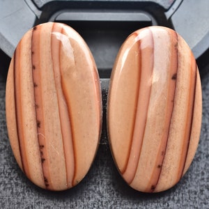 May include: Two oval-shaped cabochons with a smooth, polished finish. The stones feature vertical bands of tan, beige, and light brown colors, accented by thin, dark brown lines and small, scattered dark brown spots throughout the surface.