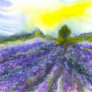 Lavender fields print, rustic painting, Provence landscape, lavender fields painting, watercolor print, French countryside