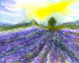 Provence Lavender Field Watercolour Print French Countryside (Digital Download)