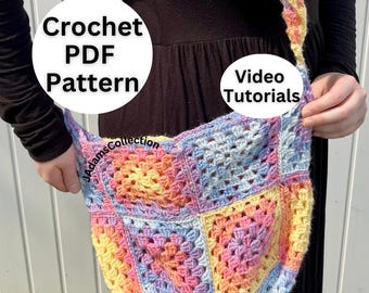 Patrón PDF de bolso cuadrado de abuela a crochet - Videotutorial (Descarga digital)