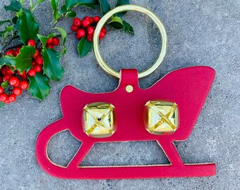 Santa's Sleigh Bell Door Hanger, Christmas Gift, Amish Handmade, Thick Quality Leather, Brass Plated Bells