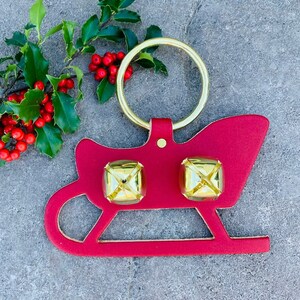 Santa&#39;s Sleigh Bell Door Hanger, Christmas Gift, Amish Handmade, Thick Quality Leather, Brass Plated Bells