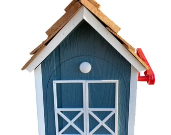 Rustieke houten brievenbus, brievenbus in landelijke stijl in amish-schuurstijl, handgemaakte blauwe brievenbus voor buiten, decoratie voor buiten