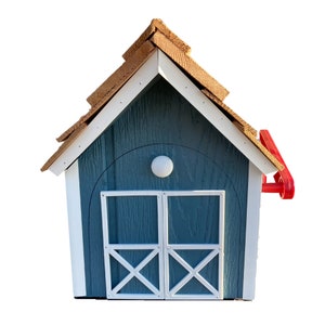 Boîte aux lettres en bois rustique, boîte aux lettres pour maison de campagne en bois de style grange amish, boîte aux lettres extérieure bleue faite main, décoration d'extérieur