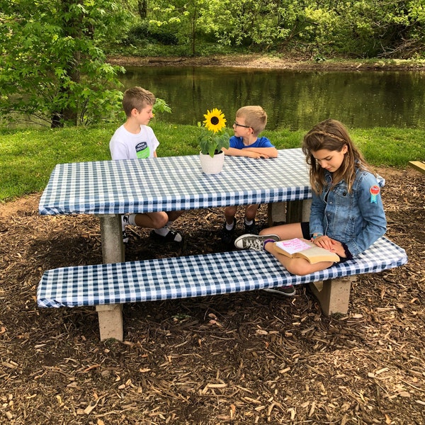 Picnic Table Cover Set, 5, 6, 7, 8, 10 Foot Picnic Table & Bench Cover Set | Vinyl Fitted Tablecloth | Custom Length, RV Camping, Outdoor