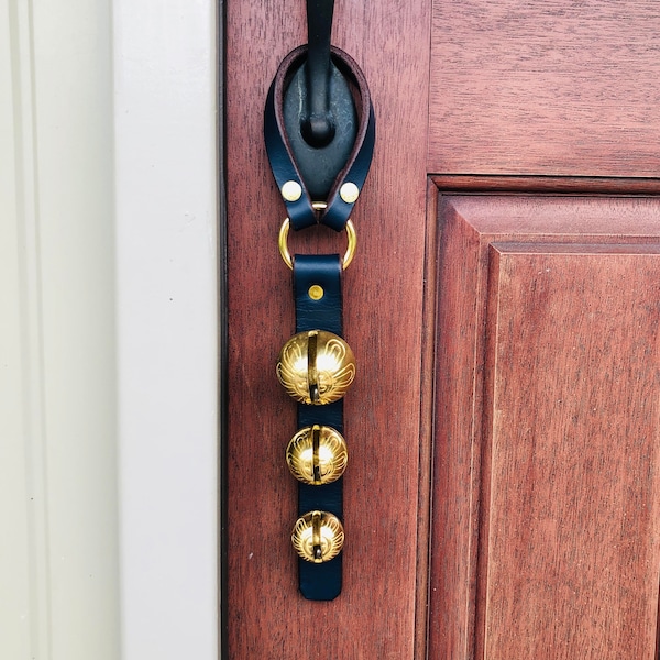 Custom Dark Brown Leather Sleigh Bells with Brass Ring or Open / Close Leather Door Hanger