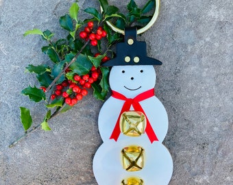 Snowman Bell Door Hanger, Christmas Gift, Amish Handmade, Thick Quality Leather, Brass Plated Bells