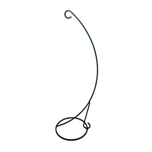 May include: A black metal hanging stand with a curved design. The stand features a circular base and a hook at the top, ideal for displaying decorative items. The stand is approximately 18 inches tall.