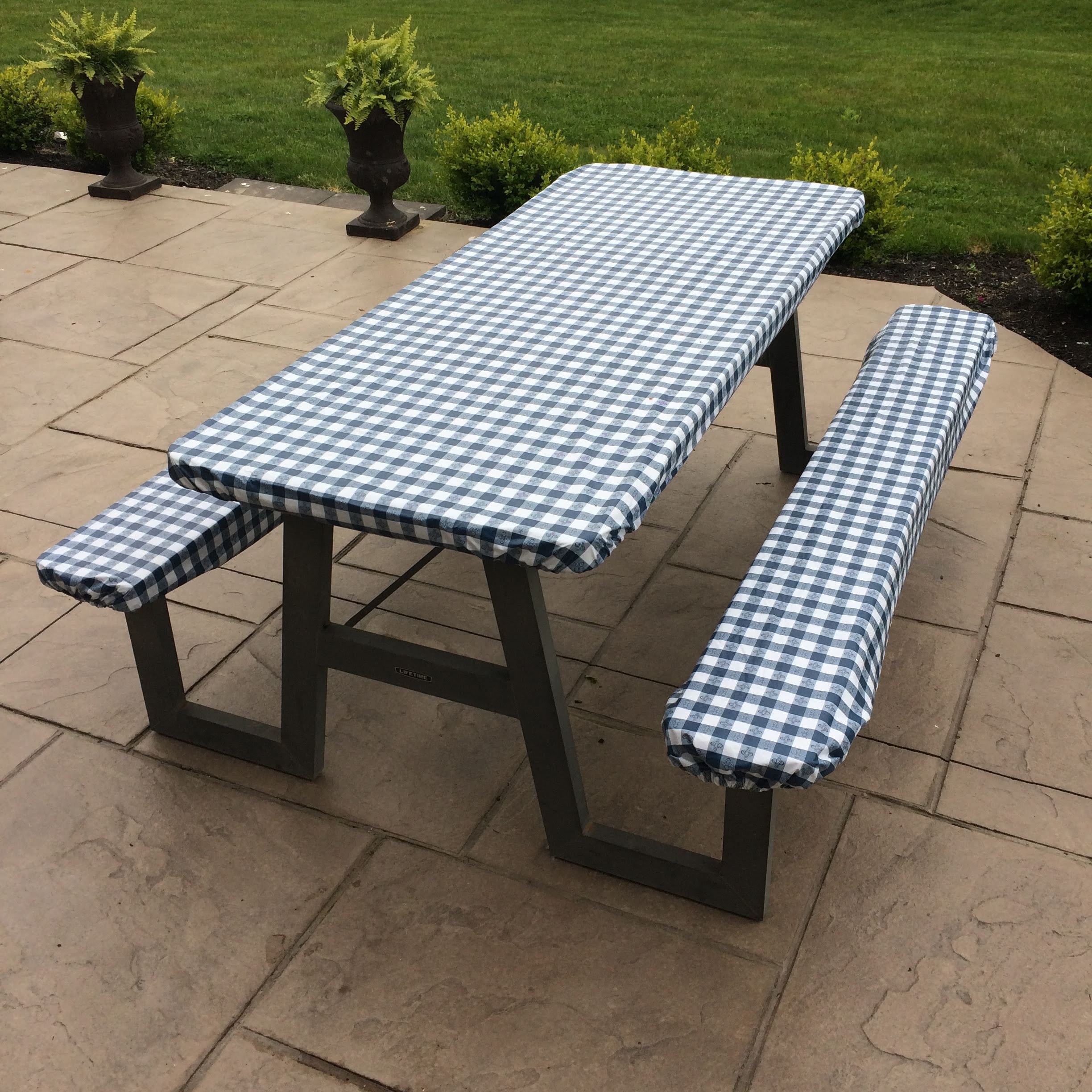 Blue & White Vinyl Picnic Table Bench Fitted Cover 3 PC Set Etsy