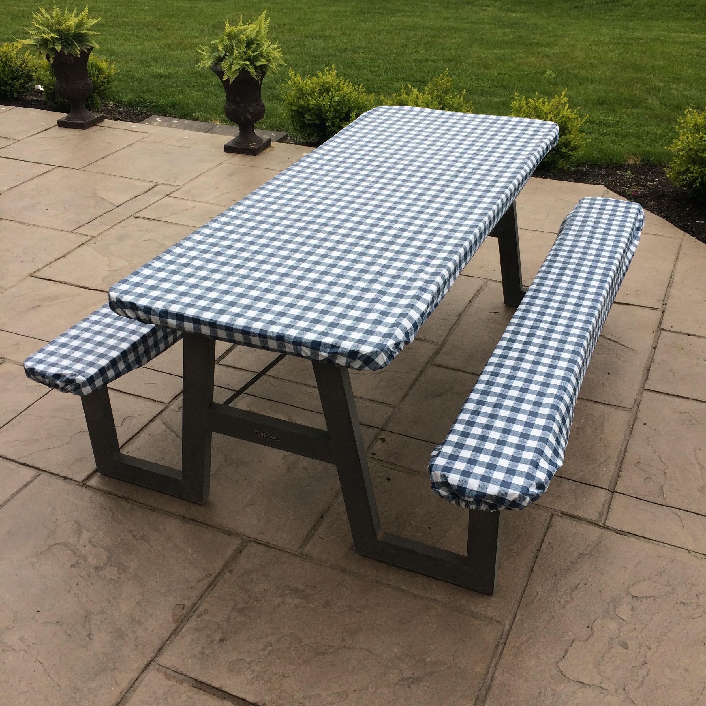 28 x 72 Inch 3 Piece Set Waterproof Picnic Table and Bench Seat Covers with Elastic Edges for Outdoor Patio Park Vinyl Picnic Tablecloths and Bench Covers Blue Checkered Flannel Backed Lining 
