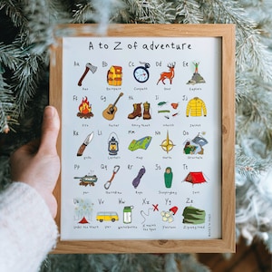 A to Z of Adventure Mini Poster A5 - Climbing gift, Kids wall chart, Rockclimbing, bouldering, camping, outdoorlife, learning print