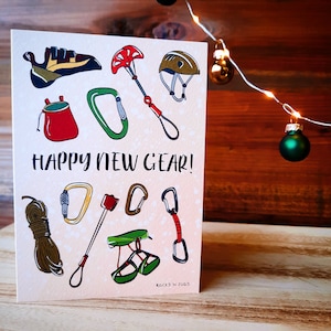 Happy New Gear!- Christmas card, holiday season, Rock climbing greeting card. Climbing gear