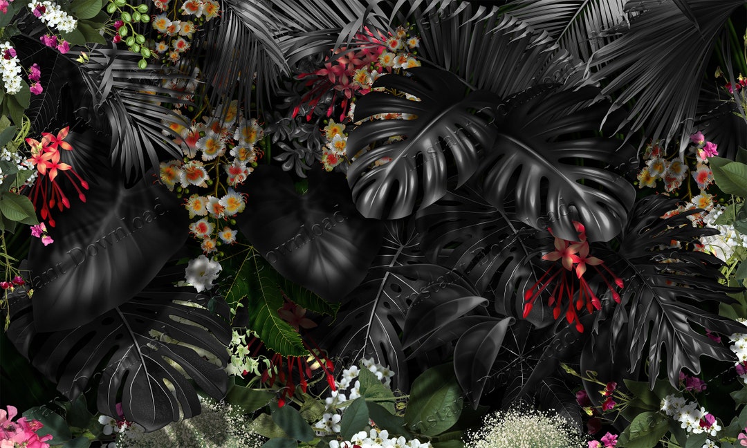 Dark Tropical Leaves Wallpaper Mural Instant Download Etsy